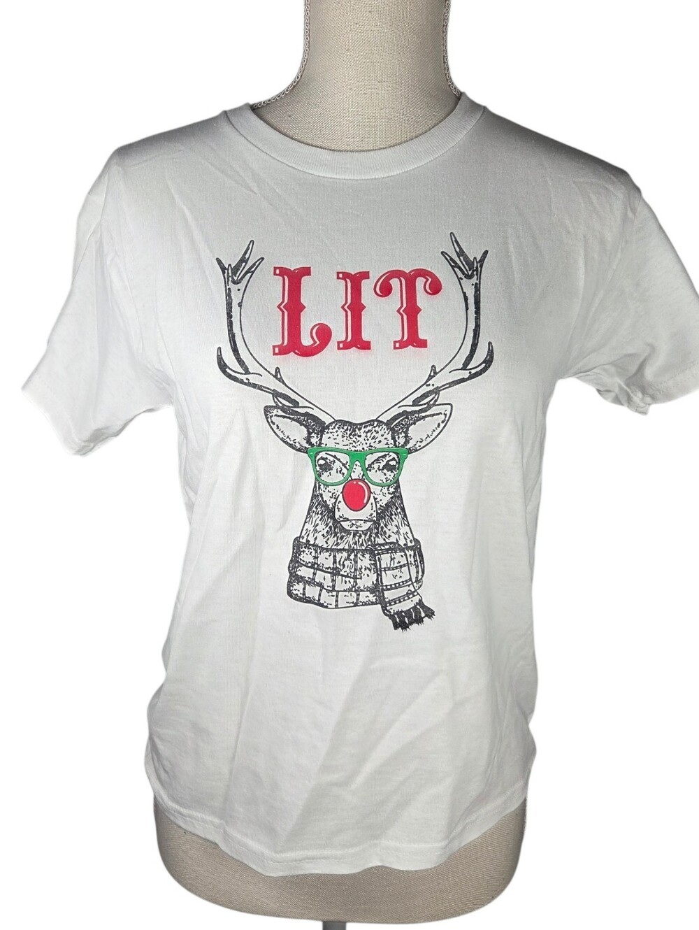 Lit Reindeer Drinking Deer T-Shirt Women Small -White -Novelty Christmas Tee